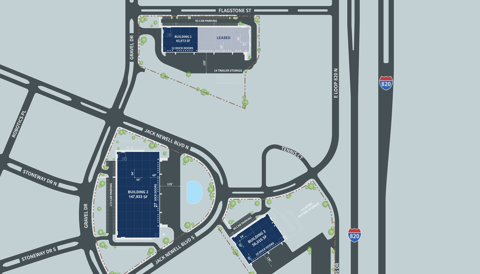 Riverbend East Industrial Park master site plan showing Buildings 1, 2 and 3